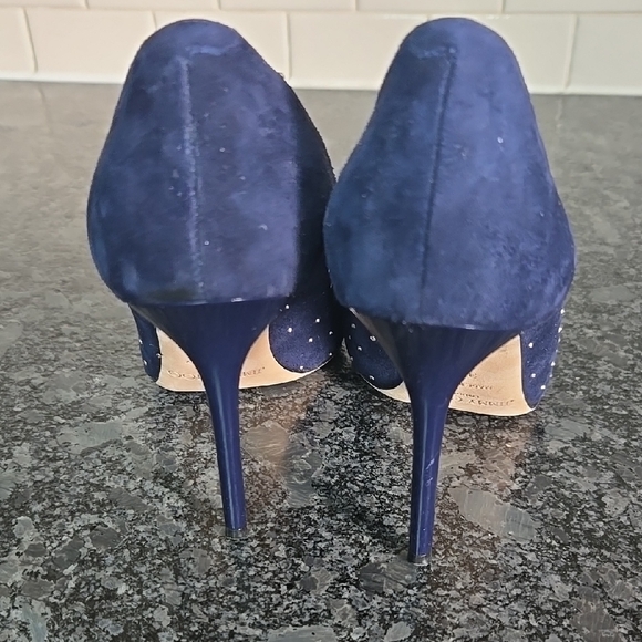 Jimmy Choo 36.5 (6.5) Navy Blue Suede Micro Silver Studded Stiletto Heels - Picture 8 of 16